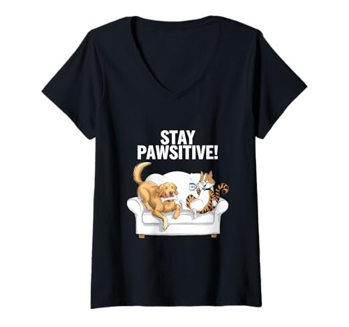 Damen Paws And Relax Cartoon Katze Hund Kaffee Couch Szene Lustiges Wortspiel T-Shirt mit V-Ausschnitt Damen Paws And Relax Cartoon Katze Hund Kaffee Couch Szene Lustiges Wortspiel T-Shirt mit V-Ausschnitt von Lazy Cozy Moments With Cats Dogs And Coffee