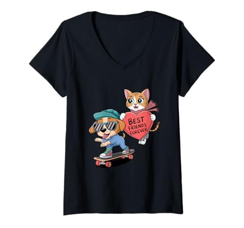 Damen Paws And Relax Cartoon Katze Hund Kaffee Couch Szene Lustiges Wortspiel T-Shirt mit V-Ausschnitt von Lazy Cozy Moments With Cats Dogs And Coffee