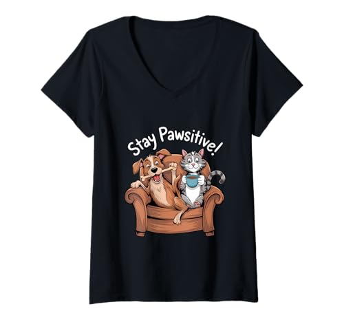 Damen Paws And Relax Cartoon Katze Hund Kaffee Couch Szene Lustiges Wortspiel T-Shirt mit V-Ausschnitt Damen Paws And Relax Cartoon Katze Hund Kaffee Couch Szene Lustiges Wortspiel T-Shirt mit V-Ausschnitt von Lazy Cozy Moments With Cats Dogs And Coffee