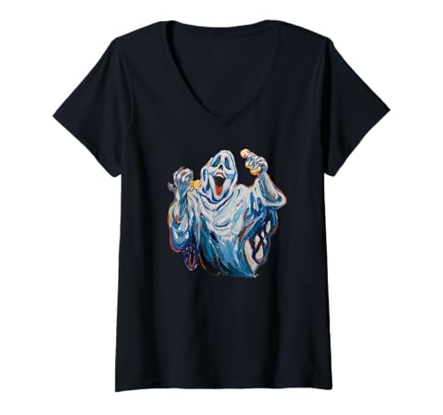 Damen Gleeful Ghost | Halloween T-Shirt mit V-Ausschnitt Damen Gleeful Ghost | Halloween T-Shirt mit V-Ausschnitt von Lazy Granny Styles