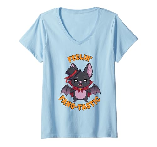 Damen Niedliches Kawaii Vampir Fledermaus Wortspiel Feelin Fang-Tastic Halloween T-Shirt mit V-Ausschnitt Damen Niedliches Kawaii Vampir Fledermaus Wortspiel Feelin Fang-Tastic Halloween T-Shirt mit V-Ausschnitt von Lazy Halloween Costume Designs
