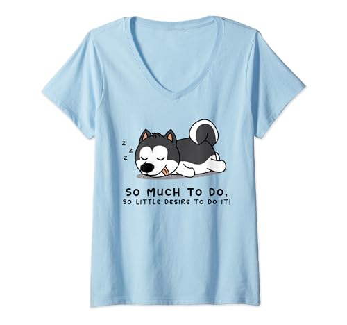 Damen Lazy Person T-Shirt für Husky Hundeliebhaber | Puppy Husky T-Shirt mit V-Ausschnitt Damen Lazy Person T-Shirt für Husky Hundeliebhaber | Puppy Husky T-Shirt mit V-Ausschnitt von Lazy Husky Shirts
