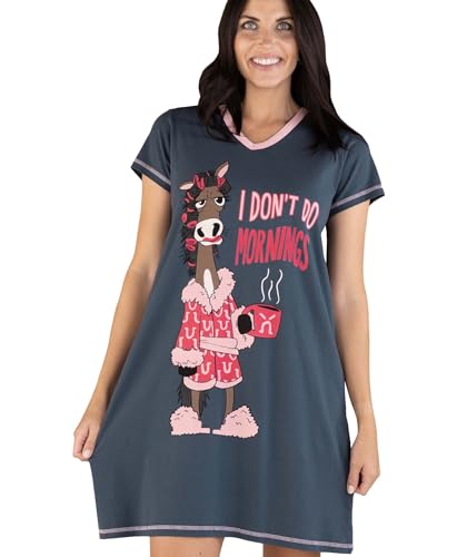 Lazy One Damen-Nachthemd, lustiges Schlafshirt mit V-Ausschnitt für Damen, Pyjama-T-Shirts, Don't Do Mornings Nachthemd mit Pferdemotiv, Large-X-Large von Lazy One