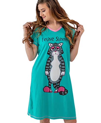 Lazy One Damen Nachthemd Lustiges V-Ausschnitt Schlafshirt für Frauen, Feline Sleepy Nachthemd, Large-X-Large von Lazy One