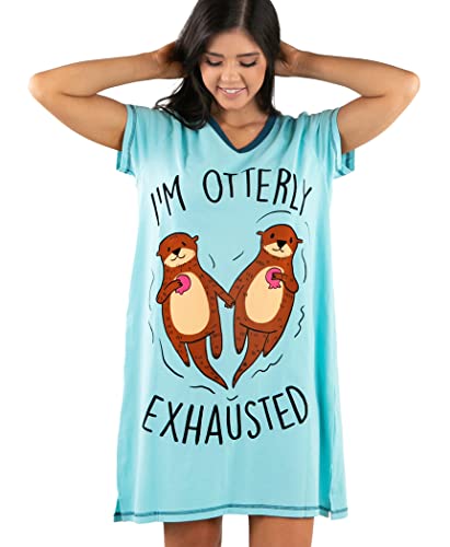 Lazy One Damen Nachthemd Lustiges V-Ausschnitt Schlafshirt für Frauen, Otterly Exhausted Light Nachthemd, Large-X-Large von Lazy One