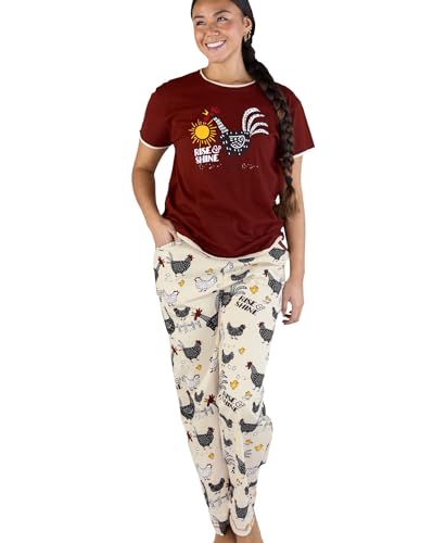 Lazy One Damen Pyjama Set Kurzarm mit niedlichen Drucken Relaxed Fit, Rise & Shine Pyjama-Set mit Hahn von Lazy One