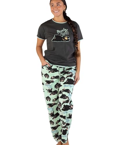Lazy One Damen Pyjama Set Kurzarm mit niedlichen Prints Relaxed Fit, Beary Awake Pyjama-Set, Grau, L von Lazy One