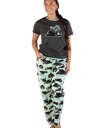 Lazy One Damen Pyjama Set Kurzarm mit niedlichen Prints Relaxed Fit, Beary Awake Pyjama-Set, Grau, M von Lazy One