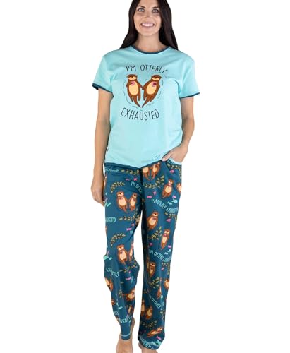 Lazy One Damen Pyjama Set Kurzarm mit niedlichen Prints Relaxed Fit, Im Otterly Exhausted Pyjama-Set, L von Lazy One