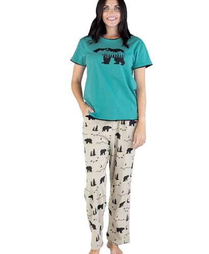 Lazy One Damen Pyjama Set Kurzarm mit niedlichen Prints Relaxed Fit, Pyjama-Set mit Bergbär-Motiv, M von Lazy One