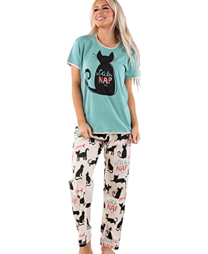 Lazy One Damen Pyjama Set Kurzarm mit niedlichen Prints Relaxed Fit, Schlafanzug-Set mit Katzenmotiv, Blau, S von Lazy One