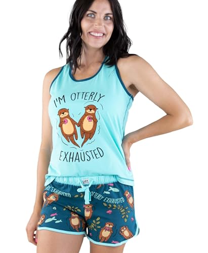 Lazy One Passender Pyjama für Damen, niedliche Pyjama-Shorts und Tank Top Set, Otterly Exhausted, L von Lazy One
