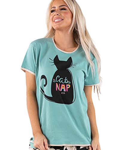 Lazy One Schlafanzug für Frauen, niedlicher Hunde- und Katzen-Pyjamahose und Oberteil separat erhältlich, Cat Nap Damen Pyjama-Shirt, Blau, XXL von Lazy One