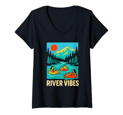 Damen River Float Trip Vibes Retro Damen Fun T-Shirt mit V-Ausschnitt von Lazy River Float Trips - River Tubing Accessories