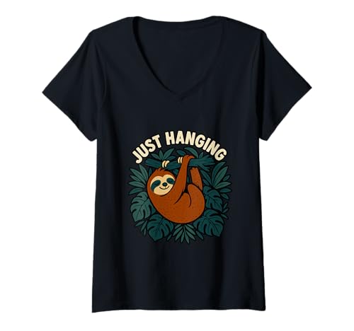 Damen Lustiges Faultier zum Aufhängen Dschungel-Grafik T-Shirt mit V-Ausschnitt Damen Lustiges Faultier zum Aufhängen Dschungel-Grafik T-Shirt mit V-Ausschnitt von Lazy Sloth Jungle Humor Apparel Co.