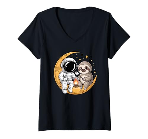 Damen Fauler Faultier Astronaut Lagerfeuer Camping Mondsichel T-Shirt mit V-Ausschnitt Damen Fauler Faultier Astronaut Lagerfeuer Camping Mondsichel T-Shirt mit V-Ausschnitt von Lazy Sloths Lover Gifts