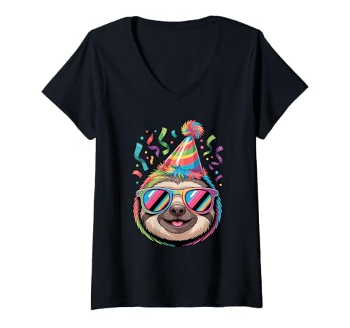 Damen Fauler Faultier Geburtstags Partyhut Sonnenbrille Faultiere T-Shirt mit V-Ausschnitt von Lazy Sloths Lover Gifts