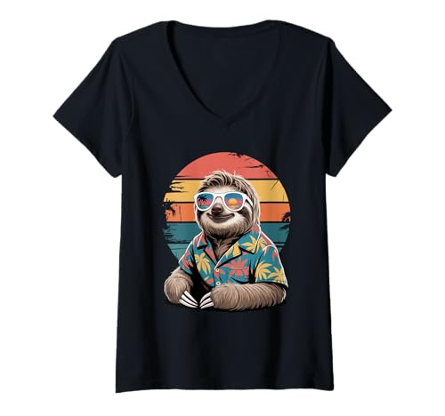 Damen Faultier Sonnenbrille Hawaii Strand Sommer Urlaub T-Shirt mit V-Ausschnitt Damen Faultier Sonnenbrille Hawaii Strand Sommer Urlaub T-Shirt mit V-Ausschnitt von Lazy Sloths Lover Gifts