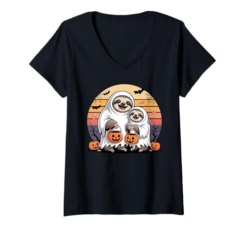 Damen Halloween Fauler Faultier Geist Faultiere T-Shirt mit V-Ausschnitt Damen Halloween Fauler Faultier Geist Faultiere T-Shirt mit V-Ausschnitt von Lazy Sloths Lover Gifts