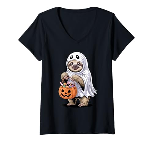 Damen Halloween Faultier Geist Kürbis Süßes Oder Saures T-Shirt mit V-Ausschnitt Damen Halloween Faultier Geist Kürbis Süßes Oder Saures T-Shirt mit V-Ausschnitt von Lazy Sloths Lover Gifts
