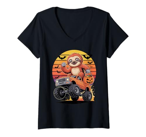 Damen Halloween Monstertruck Fauler Faultier Bär Faultiere T-Shirt mit V-Ausschnitt Damen Halloween Monstertruck Fauler Faultier Bär Faultiere T-Shirt mit V-Ausschnitt von Lazy Sloths Lover Gifts