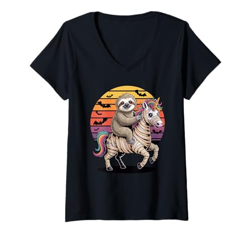 Damen Halloween Mumie Einhorn Fauler Faultier Bär Faultiere T-Shirt mit V-Ausschnitt Damen Halloween Mumie Einhorn Fauler Faultier Bär Faultiere T-Shirt mit V-Ausschnitt von Lazy Sloths Lover Gifts