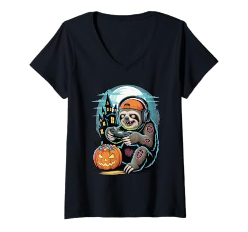 Damen Halloween Zombie Faultier Gamer Verlassenes Schloss Gaming T-Shirt mit V-Ausschnitt Damen Halloween Zombie Faultier Gamer Verlassenes Schloss Gaming T-Shirt mit V-Ausschnitt von Lazy Sloths Lover Gifts