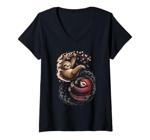 Damen Japanese Art Lazy Sloth Good And Devil Sloths T-Shirt mit V-Ausschnitt Damen Japanese Art Lazy Sloth Good And Devil Sloths T-Shirt mit V-Ausschnitt von Lazy Sloths Lover Gifts