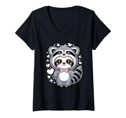 Damen Kawaii Fauler Faultier Waschbär Kostüm Bärenfaultiere T-Shirt mit V-Ausschnitt von Lazy Sloths Lover Gifts
