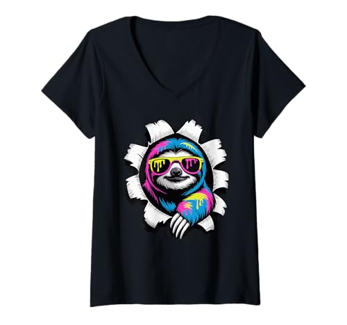 Damen Paint Art Faules Faultier Sonnenbrille Faultiere T-Shirt mit V-Ausschnitt von Lazy Sloths Lover Gifts