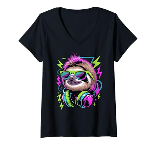 Damen Punk Ära Stil Faules Faultier Sonnenbrille Bär Faultiere T-Shirt mit V-Ausschnitt Damen Punk Ära Stil Faules Faultier Sonnenbrille Bär Faultiere T-Shirt mit V-Ausschnitt von Lazy Sloths Lover Gifts