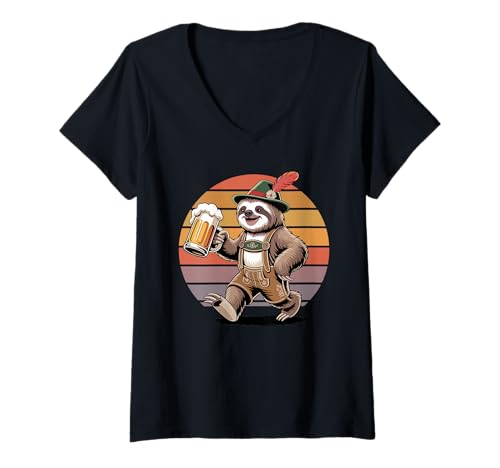 Damen Retro Fauler Faultier Bär Bier Trinkend Faultiere T-Shirt mit V-Ausschnitt von Lazy Sloths Lover Gifts