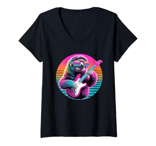 Damen Retro Faultier Gitarrist Faultiere Gitarre T-Shirt mit V-Ausschnitt Damen Retro Faultier Gitarrist Faultiere Gitarre T-Shirt mit V-Ausschnitt von Lazy Sloths Lover Gifts
