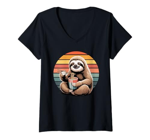 Damen Retro Faultier Instant Becher Nudeln Faultiere T-Shirt mit V-Ausschnitt von Lazy Sloths Lover Gifts