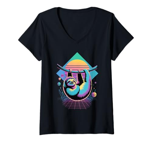 Damen Retro Synthwave Fauler Faultier Bär Faultiere T-Shirt mit V-Ausschnitt von Lazy Sloths Lover Gifts