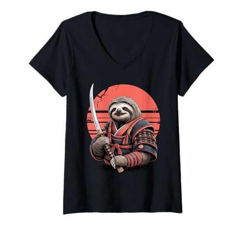 Damen Samurai Faules Faultier Katana Schwert Faultiere T-Shirt mit V-Ausschnitt Damen Samurai Faules Faultier Katana Schwert Faultiere T-Shirt mit V-Ausschnitt von Lazy Sloths Lover Gifts