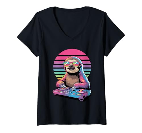 Damen Synthwave Fauler Faultier DJ Sonnenbrille Faultiere T-Shirt mit V-Ausschnitt Damen Synthwave Fauler Faultier DJ Sonnenbrille Faultiere T-Shirt mit V-Ausschnitt von Lazy Sloths Lover Gifts