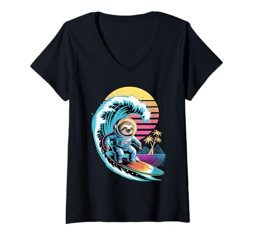 Damen Synthwave Surfer Fauler Faultier Astronaut Faultiere T-Shirt mit V-Ausschnitt von Lazy Sloths Lover Gifts