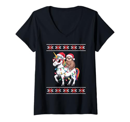 Damen Weihnachten Faultier Einhorn Sonnenbrille Faultiere T-Shirt mit V-Ausschnitt Damen Weihnachten Faultier Einhorn Sonnenbrille Faultiere T-Shirt mit V-Ausschnitt von Lazy Sloths Lover Gifts