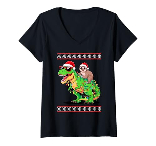 Damen Weihnachten Faultier T-Rex Dinosaurier Tyrannosaurus Rex T-Shirt mit V-Ausschnitt Damen Weihnachten Faultier T-Rex Dinosaurier Tyrannosaurus Rex T-Shirt mit V-Ausschnitt von Lazy Sloths Lover Gifts