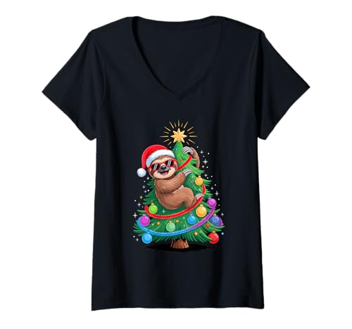 Damen Weihnachtsbaum Fauler Faultier Sonnenbrille Faultiere T-Shirt mit V-Ausschnitt von Lazy Sloths Lover Gifts