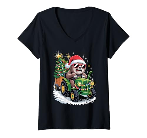 Damen Weihnachtsbaum Traktor Fauler Faultier Sonnenbrille T-Shirt mit V-Ausschnitt von Lazy Sloths Lover Gifts