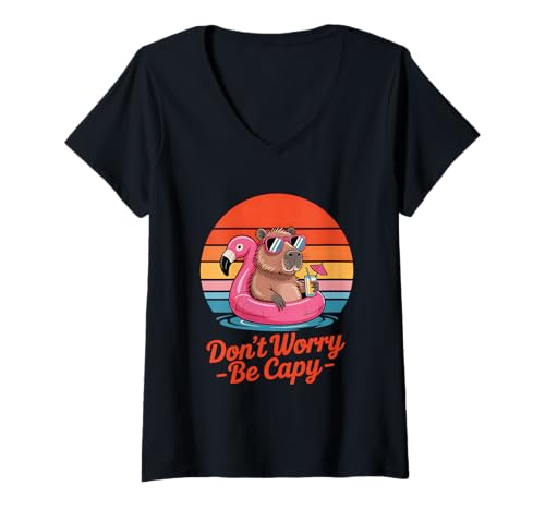 Damen Don’t Worry Be Capy Capybara Flamingo Retro Sunset Summer T-Shirt mit V-Ausschnitt Damen Don’t Worry Be Capy Capybara Flamingo Retro Sunset Summer T-Shirt mit V-Ausschnitt von Lazy Summer Vibes Animal Tee Chill Capybara Lovers