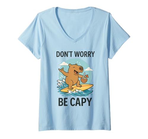 Damen Don’t Worry Be Capy Cute Funny Capybara Surfing Beach Summer T-Shirt mit V-Ausschnitt Damen Don’t Worry Be Capy Cute Funny Capybara Surfing Beach Summer T-Shirt mit V-Ausschnitt von Lazy Summer Vibes Animal Tee Chill Capybara Lovers