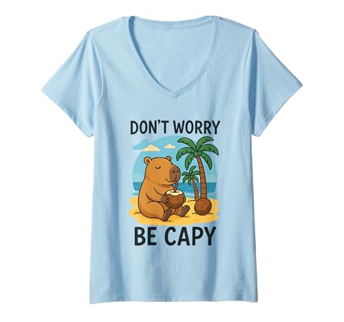 Damen Don’t Worry Be Capy Funny Capybara Drinking Coconut by Beach T-Shirt mit V-Ausschnitt Damen Don’t Worry Be Capy Funny Capybara Drinking Coconut by Beach T-Shirt mit V-Ausschnitt von Lazy Summer Vibes Animal Tee Chill Capybara Lovers