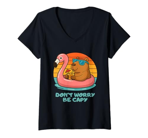 Damen Don’t Worry Be Capy Funny Capybara Float Flamingo Summer T-Shirt mit V-Ausschnitt Damen Don’t Worry Be Capy Funny Capybara Float Flamingo Summer T-Shirt mit V-Ausschnitt von Lazy Summer Vibes Animal Tee Chill Capybara Lovers