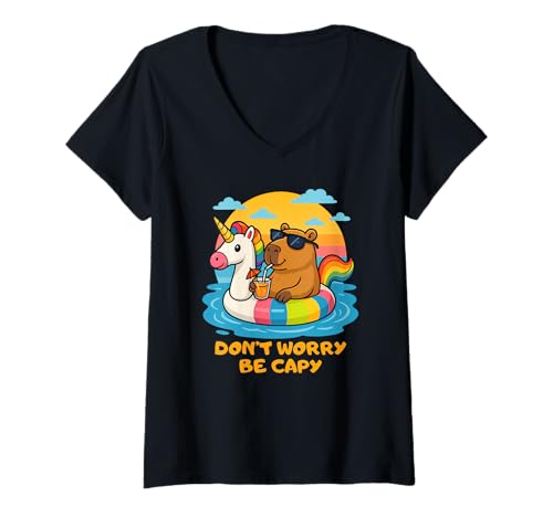Damen Don’t Worry Be Capy Funny Capybara Float Unicorn Summer T-Shirt mit V-Ausschnitt Damen Don’t Worry Be Capy Funny Capybara Float Unicorn Summer T-Shirt mit V-Ausschnitt von Lazy Summer Vibes Animal Tee Chill Capybara Lovers