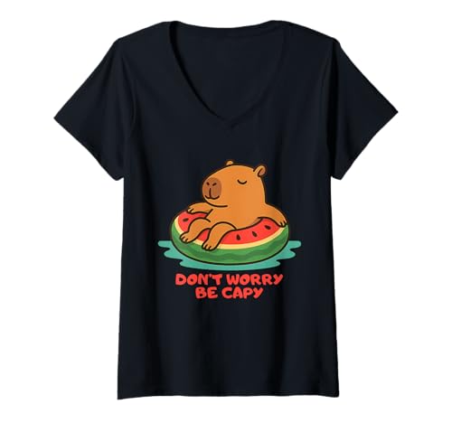 Damen Don’t Worry Be Capy Funny Capybara Float Watermelon Summer T-Shirt mit V-Ausschnitt Damen Don’t Worry Be Capy Funny Capybara Float Watermelon Summer T-Shirt mit V-Ausschnitt von Lazy Summer Vibes Animal Tee Chill Capybara Lovers
