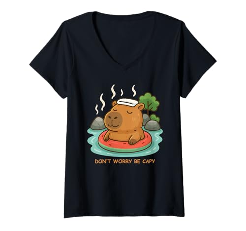 Damen Funny Capybara Don’t Worry Be Capy Float Watermelon Summer T-Shirt mit V-Ausschnitt Damen Funny Capybara Don’t Worry Be Capy Float Watermelon Summer T-Shirt mit V-Ausschnitt von Lazy Summer Vibes Animal Tee Chill Capybara Lovers