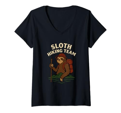 Damen Lustiges Faultier Wandern Team Grafik Illustration T-Shirt mit V-Ausschnitt Damen Lustiges Faultier Wandern Team Grafik Illustration T-Shirt mit V-Ausschnitt von Lazy Treks & Mountain Laughs